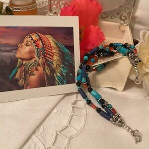 VINTAGE 925 STERLING NATIVE AMERICAN HANDMADE MULTI STONE BRACELET 7”